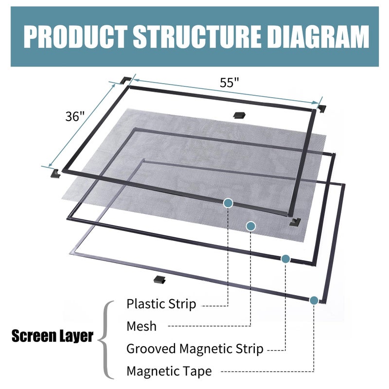 BAFLOTEX DIY Magnetic Window Screen Replacement Adjustable Mesh Screen 55"H*36"W with Magnets Fits Any Size White Frames with Grey Fiberglass Screen - Image 3